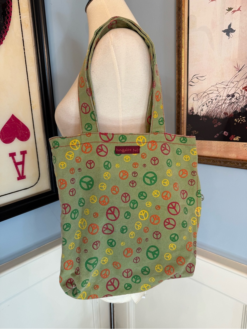 True Vintage Y2K Bungalo Green and Rainbow Peace Sign Tote Bag